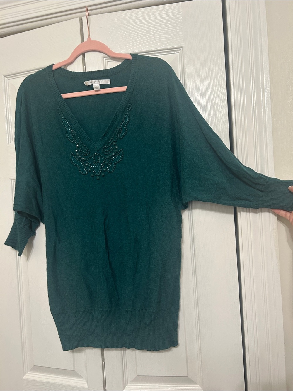 LC Lauren Conrad Emerald Beaded V-Neck Pullover Sweater